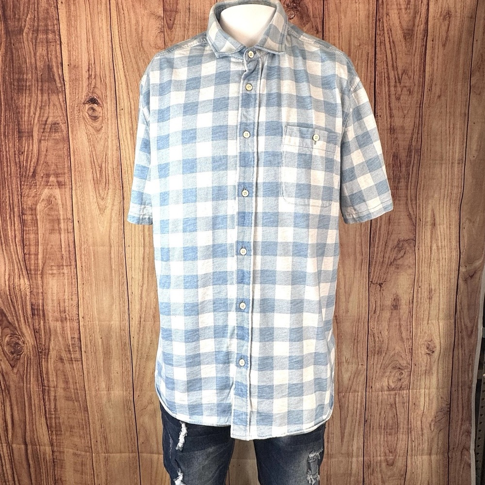 Faherty Short Sleeve Flannel Shirt Blue and White Buffalo Plaid Ventura Men's XL